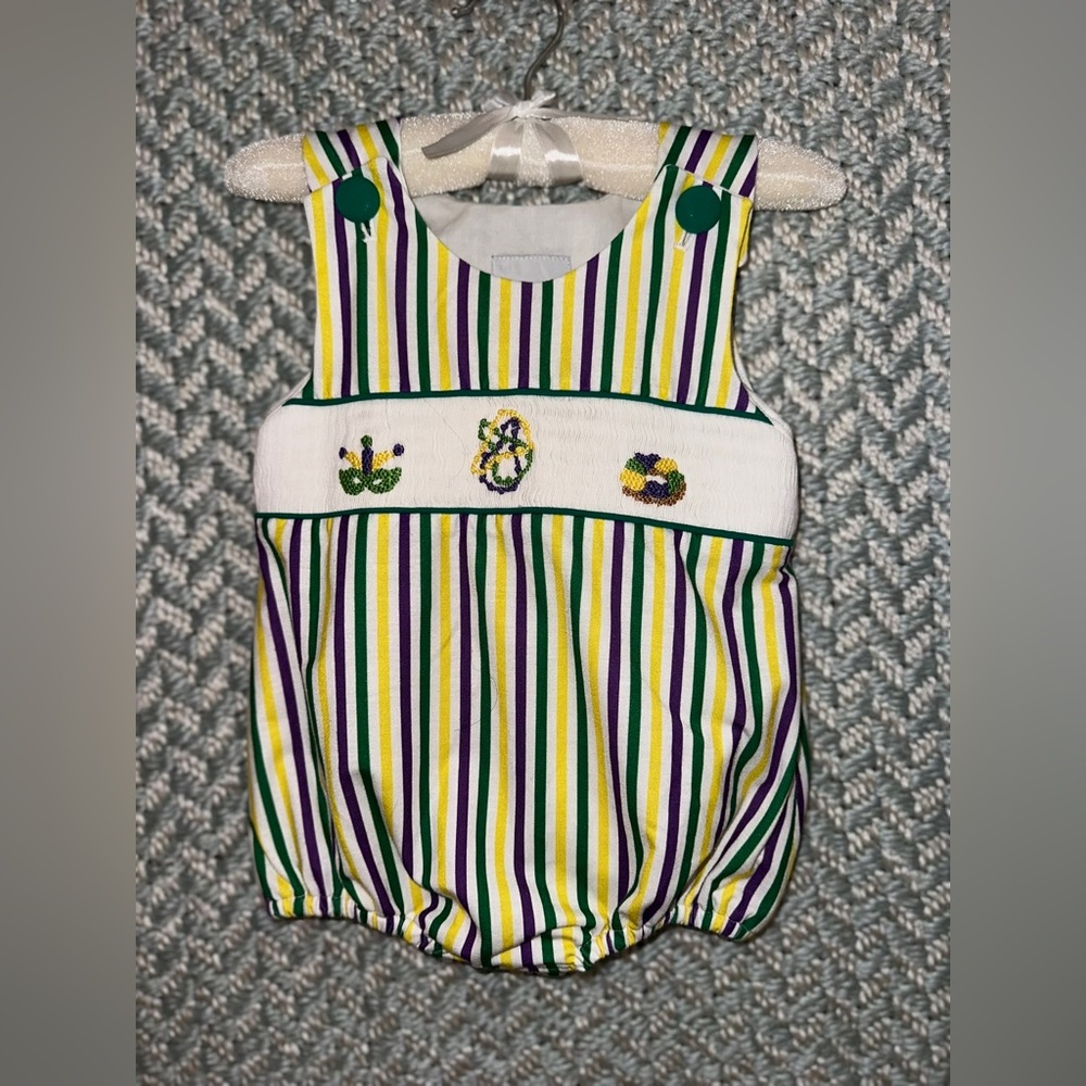 Awe Smocked Gender Neutral 12 Month Mardi Gras Bubble